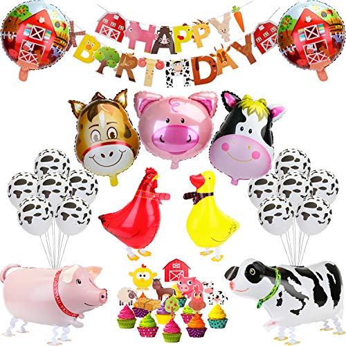 KATELUO Animales de Granja Fiesta de Cumpleaños Decoracion Globos, Pancarta de Feliz Cumpleaños, Happy Birthday Guirnalda para Niño, Niña, Fiesta Infantil, Jardín de Infancia