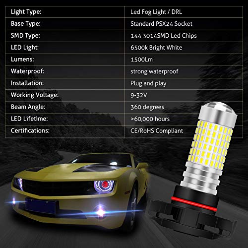 KATUR PSX24W Bombillas de luz antiniebla LED 80W 3000LM 6500K Xenón Blanco con proyector para Conducir Luces de circulación Diurna DRL o Luces antiniebla (Paquete de 2)