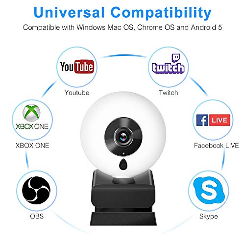 Kdely Webcam con Micrófono para PC 1080P Full HD Estéreo y Luz Anular, USB 2.0 Cámara Web para Streaming con Tripode y Tapa Webcam Compatible con Windows/Mac OS X/Android/Youtube/Skype/Zoom/PS4/Xbox