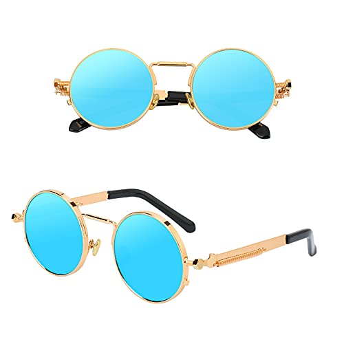 Kennifer Gafas de sol polarizadas redondas de la moda clásica, Estilo Steampunk Gafas de sol polarizadas redondas de la vendimia Gafas retro Marco de metal de protección UV400