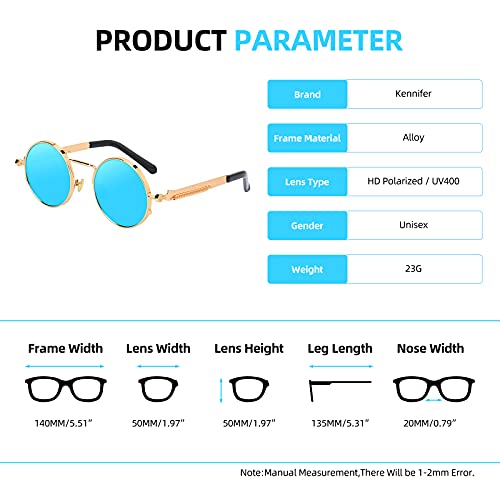 Kennifer Gafas de sol polarizadas redondas de la moda clásica, Estilo Steampunk Gafas de sol polarizadas redondas de la vendimia Gafas retro Marco de metal de protección UV400