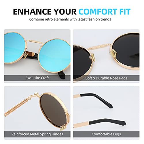 Kennifer Gafas de sol polarizadas redondas de la moda clásica, Estilo Steampunk Gafas de sol polarizadas redondas de la vendimia Gafas retro Marco de metal de protección UV400