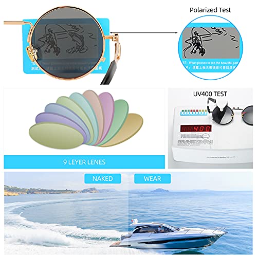 Kennifer Gafas de sol polarizadas redondas de la moda clásica, Estilo Steampunk Gafas de sol polarizadas redondas de la vendimia Gafas retro Marco de metal de protección UV400