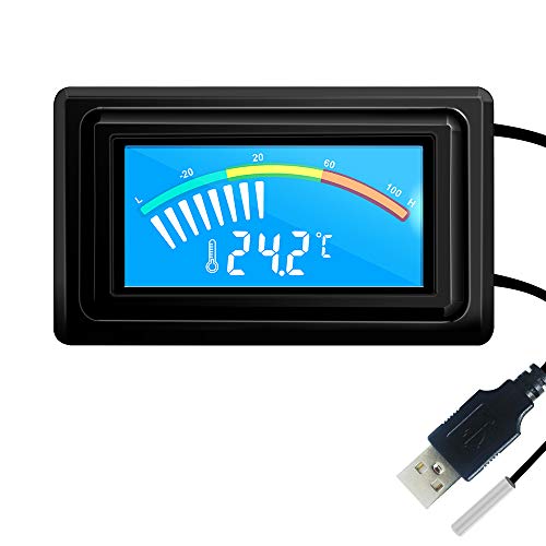 KETOTEK USB Termómetro Acuario Digital DC 5V-25V LCD Medidor de Temperatura con NTC Sonda Impermeable para Computadora PC Autos Moto Celsius/Fahrenheit DC 12V 24V -50℃~110℃