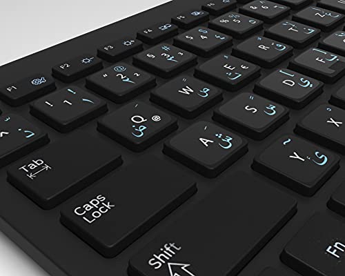 Keystickers® Adhesivo árabe para teclados de PC, portátil y portátil, 14 x 14 mm, transparente con barniz protector mate, color azul claro, pegatinas árabes