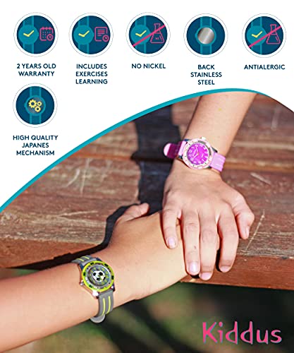 KIDDUS Reloj Educativo para niño, Chica, Chico. De Pulsera, analógico. Time Teacher fácil de Leer para Aprender la Hora. Ejercicios incluídos. Tigre
