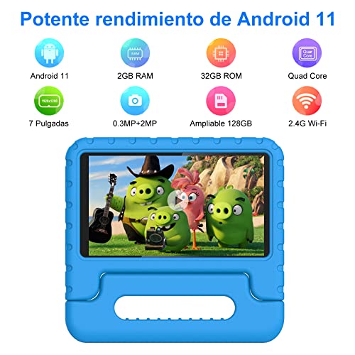Kids Tablet 7 Pulgadas de Cuatro núcleos 1.6GHz Aocwei Android 11 HD Tableta para niños, 32GB (TF 128GB) | Wi-Fi | Cámaras duales | Control Parental | Estuche a Prueba de niños, Azul