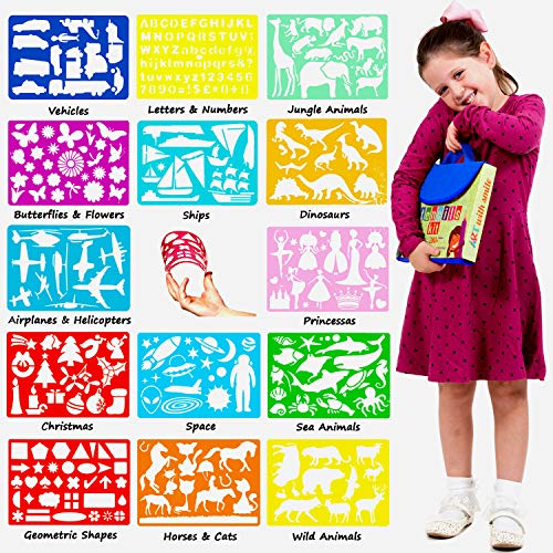 Kit de Plantillas de Dibujo de 55 Piezas con Estuche. Plantillas con más de 280 formas, Lápices de Color, Papel. Suministros Artísticos para la Creatividad, Aprendizaje y Diversión. Ideal como Regalo