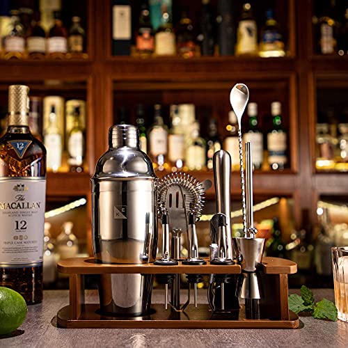 KITESSENSU Juego de coctelera para barman con soporte | Juego de mezclador de bebidas para barra para mezclar - Herramientas de barra: coctelera de martini,colador, cuchara mezcladora, más | Plata