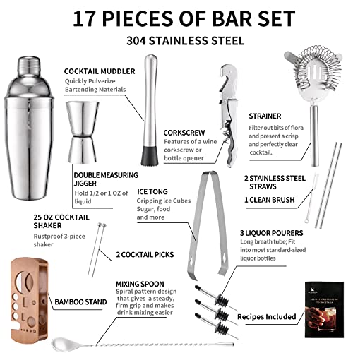 KITESSENSU Juego de coctelera para barman con soporte | Juego de mezclador de bebidas para barra para mezclar - Herramientas de barra: coctelera de martini,colador, cuchara mezcladora, más | Plata