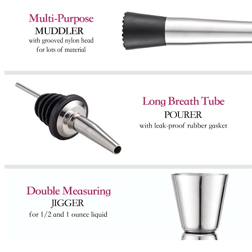 KITESSENSU Juego de coctelera para barman con soporte | Juego de mezclador de bebidas para barra para mezclar - Herramientas de barra: coctelera de martini,colador, cuchara mezcladora, más | Plata