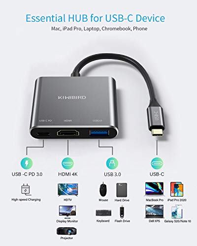 KiwiBird Adaptador multipuerto de USB-C a HDMI 4K con USB 3.0, Tipo C PD de Carga 87W Power Delivery Compatible con MacBook Air, MacBook Pro, iPad Pro 2020/2018, Surface Go 2, DELL XPS, Galaxy S20