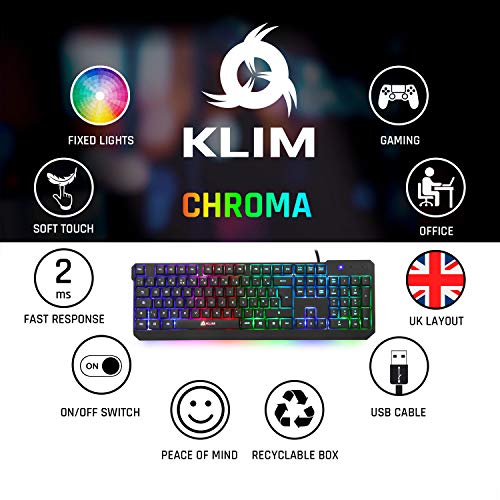 KLIM Chroma Teclado Gaming en English USB – Alto Desempeño – Retroiluminación a Color Estilo Gaming – Teclado para Juegos PC, PS4, Windows, Mac - Nueva Versión