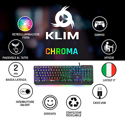 ⭐️KLIM Chroma Teclado Gaming en ITALIA USB – Alto Desempeño – Retroiluminación a Color Estilo Gaming – Teclado para Juegos PC PS4 Windows Mac - Nueva Versión