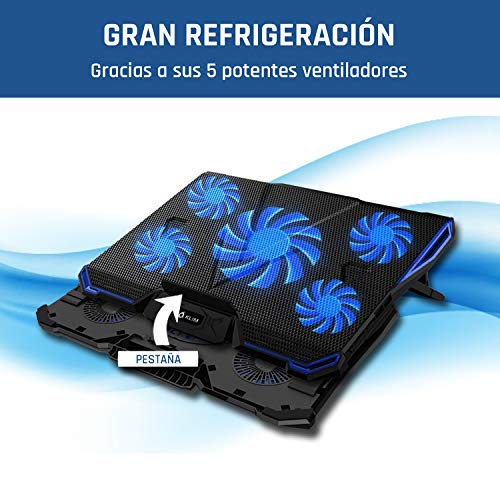 KLIM Cyclone - Base de Refrigeración para Portátil + Potente Refrigerador Portátil con 5 Ventiladores para Ordenador Gaming + Varias inclinaciones + Soporte Estable + Azul [Nueva Versión 2021]