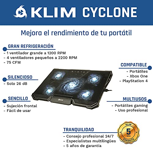 KLIM Cyclone - Base de Refrigeración para Portátil + Potente Refrigerador Portátil con 5 Ventiladores para Ordenador Gaming + Varias inclinaciones + Soporte Estable + Blanca [Nueva Versión 2022]