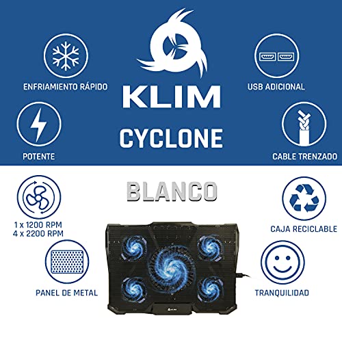 KLIM Cyclone - Base de Refrigeración para Portátil + Potente Refrigerador Portátil con 5 Ventiladores para Ordenador Gaming + Varias inclinaciones + Soporte Estable + Blanca [Nueva Versión 2022]