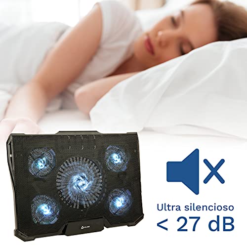 KLIM Cyclone - Base de Refrigeración para Portátil + Potente Refrigerador Portátil con 5 Ventiladores para Ordenador Gaming + Varias inclinaciones + Soporte Estable + Azul [Nueva Versión 2021]