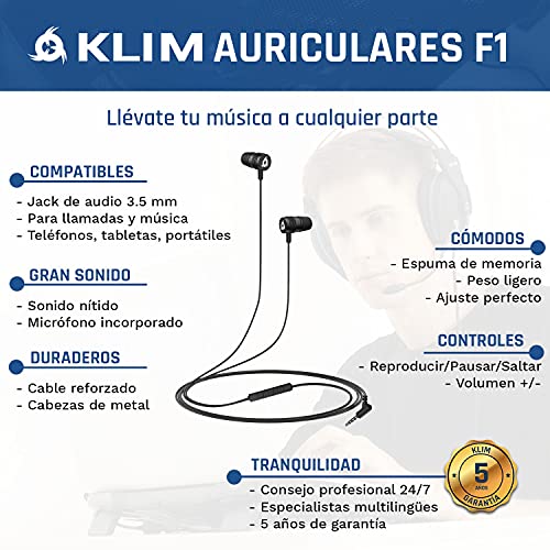 KLIM F1 - Auriculares con Cable y micrófono + Calidad de Audio excelente + Diseño Duradero con 5 años de garantía + Cómodas Almohadillas de Espuma + Cascos con Clavija de 3,5 mm + Novedad 2022