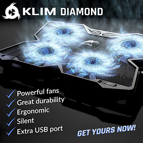 KLIM Wind Refrigeración para Ordenador Portátil – La más poderosa – Acción de Enfriamiento Rápido – Base Refrigerante Gaming de 4 Ventiladores con Soporte -Nueva Versión (Diamond)