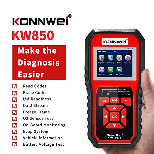 KONNWEI Escaner OBD2 Lector de Codigo de Coche, KW850 OBD II Code Reader Diagnóstico del Coche, Herramienta de Análisis Motor, Lectura y Borrado de Códigos de Error Soporte Multilingüe