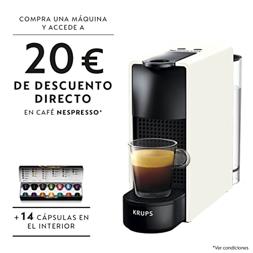 Krups Nespresso Essenza Mini XN1101 - Cafetera monodosis de cápsulas Nespresso, compacta, 19 bares, apagado automático, color blanco, 14 cápsulas interior