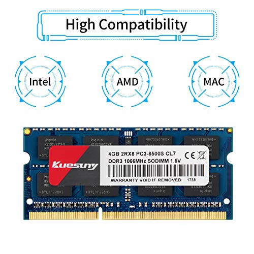 Kuesuny 8GB Kit (2x4GB) DDR3 1066MHz / 1067MHz SODIMM 204 Pin 1.5V CL7 No ECC Sin búfer 2RX8 PC3-8500 PC3-8500S Memoria RAM para computadora portátil para Intel AMD Mac