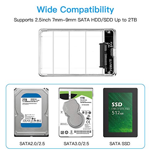 KUYiA Caja de almacenamiento transparente para disco duro USB 3.0 de 2,5 pulgadas (5 Gbps) para disco duro externo SATA HDD SSD de 7 mm, 9 mm (USB 3.0)
