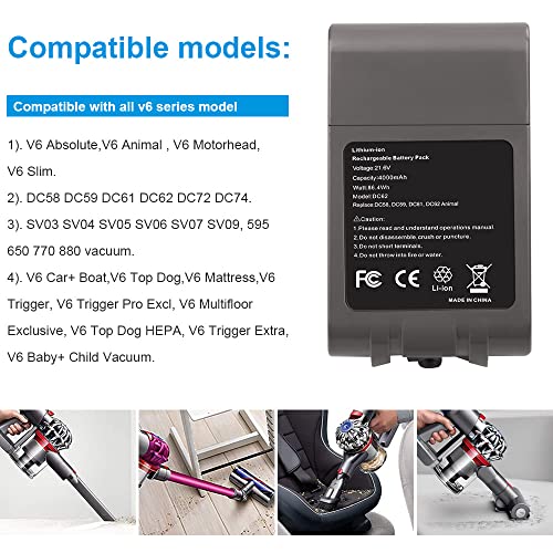 LabTEC V6 Batería de repuesto de 21,6 V y 4000 mAh para Dyson V6 DC58 DC59 DC61 DC62 DC72 DC74 SV03 SV04 SV05 SV06 SV07 SV09, 595 650 770 880