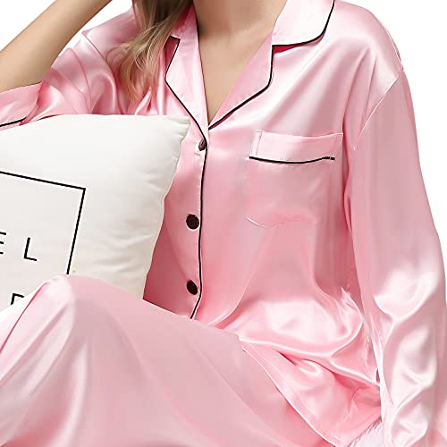 Ladieshow Pijamas Satén para Mujer, Pijamas Set Mujer Manga Larga Elegante y Moda, Largo Conjunto de Pijamas Camisón Seda para Mujer, 2 Piezas Ropa de Dormir con Botones Suave y Sedosa (Rosa, M)