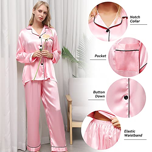 Ladieshow Pijamas Satén para Mujer, Pijamas Set Mujer Manga Larga Elegante y Moda, Largo Conjunto de Pijamas Camisón Seda para Mujer, 2 Piezas Ropa de Dormir con Botones Suave y Sedosa (Rosa, M)