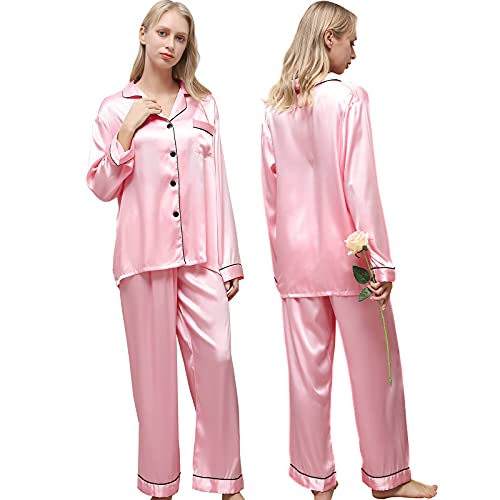 Ladieshow Pijamas Satén para Mujer, Pijamas Set Mujer Manga Larga Elegante y Moda, Largo Conjunto de Pijamas Camisón Seda para Mujer, 2 Piezas Ropa de Dormir con Botones Suave y Sedosa (Rosa, M)