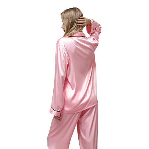 Ladieshow Pijamas Satén para Mujer, Pijamas Set Mujer Manga Larga Elegante y Moda, Largo Conjunto de Pijamas Camisón Seda para Mujer, 2 Piezas Ropa de Dormir con Botones Suave y Sedosa (Rosa, M)