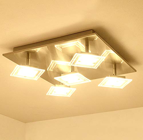 Lámpara de techo LED, moderna, rectangular, giratoria, con 5 focos, de cristal, para salón, cocina, dormitorio, 5 x 5 W, 2000 lúmenes, clase energética A++, color blanco cálido
