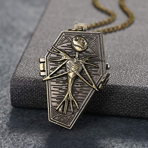 Lancardo Reloj de Bolsillo Retro Cadena de Suéter Reloj Decorativo Redondo Estuche Ataúd y Cráneo Decoración Relieve Dial de Escala Digital Reloj de Cuarzo de Color Bronce No Impermeable