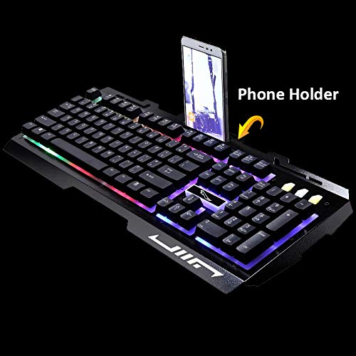 Lanker Teclados Cableados para Gamers - con RGB LED Retroiluminado, Panel De Metal y Soporte para Teléfono Celular para PC y Portátiles Gamers, Negro