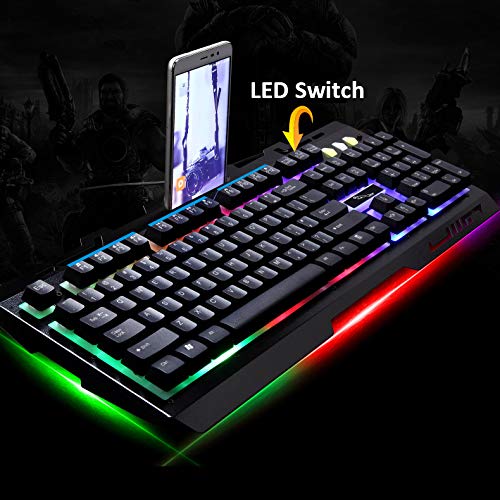 Lanker Teclados Cableados para Gamers - con RGB LED Retroiluminado, Panel De Metal y Soporte para Teléfono Celular para PC y Portátiles Gamers, Negro