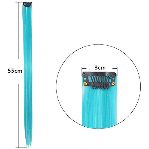 LANSE extensiones de pelo de colores en el clip 24 PC / paquete de 24 colores del arco iris 21inch sintético pelo largo recta seleccionada para mujeres niñas niños regalos (Mint blue)