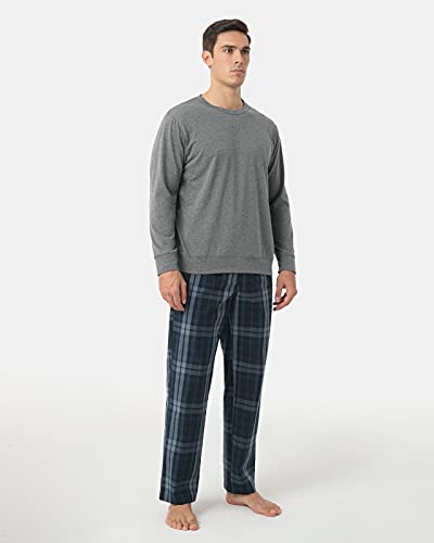 LAPASA Conjunto de Pijama Hombre Camiseta con Manga Larga y Pantalón Largo para Dormir Set de Pijama para Casa M108 S Gris+Azul Marino y Azul