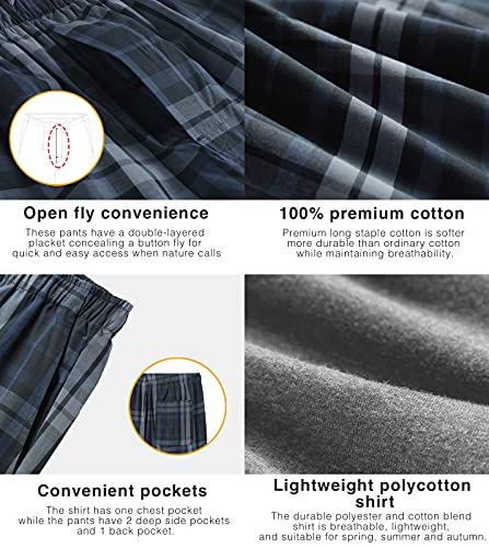 LAPASA Conjunto de Pijama Hombre Camiseta con Manga Larga y Pantalón Largo para Dormir Set de Pijama para Casa M108 S Gris+Azul Marino y Azul