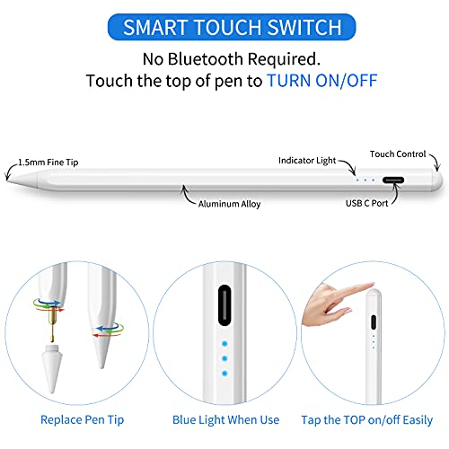 Lápiz iPad Magnético con Rechazo de Palma, Detección de inclinación Lapiz Tactil Compatible con iPad 2018/2019/2020, Lápiz para Pantalla con 2 Cubiertas Ultrafinas, Apto para Pintar