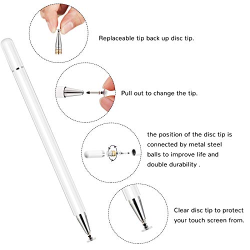 Lápiz Stylus Capacitivo para Pantallas Táctiles, 1 Piezas Puntero Lápiz Óptico de Disco Universal Compatible con la Mayoría de los Dispositivos Inteligentes (Blanco)
