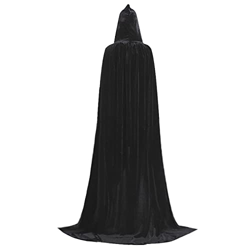 Larga Capa de Vampiro Diablo de Terciopelo con Capucha para Disfraz de Fiesta Halloween y Carnaval,Talla Unica,para Adulto Mujeres Hombres (Negra)
