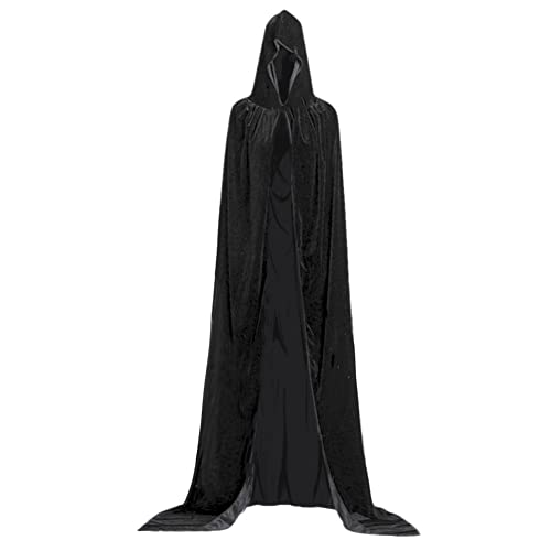 Larga Capa de Vampiro Diablo de Terciopelo con Capucha para Disfraz de Fiesta Halloween y Carnaval,Talla Unica,para Adulto Mujeres Hombres (Negra)