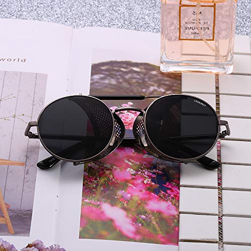 Leckirut Mujeres Hombres Gafas de sol redondas Retro Vintage Steampunk Estilo Espejo Reflectante Círculo Lente Gris Marco Gris