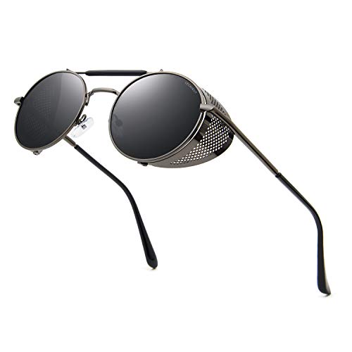 Leckirut Mujeres Hombres Gafas de sol redondas Retro Vintage Steampunk Estilo Espejo Reflectante Círculo Lente Gris Marco Gris
