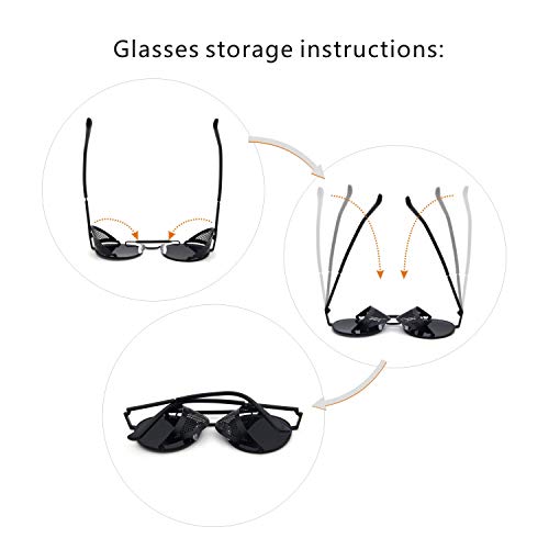 Leckirut Mujeres Hombres Gafas de sol redondas Retro Vintage Steampunk Estilo Espejo Reflectante Círculo Lente Gris Marco Gris