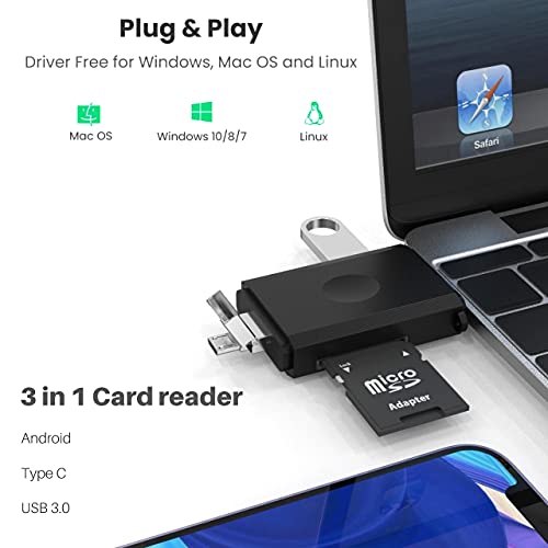 Lector de tarjetas SD, USB 3.0/Micro USB/Tipo C, función OTG, soporte Flash Drive/SD/Micro SD, compatible con Mac, Windows, Android, PC, portátil, Smartphone
