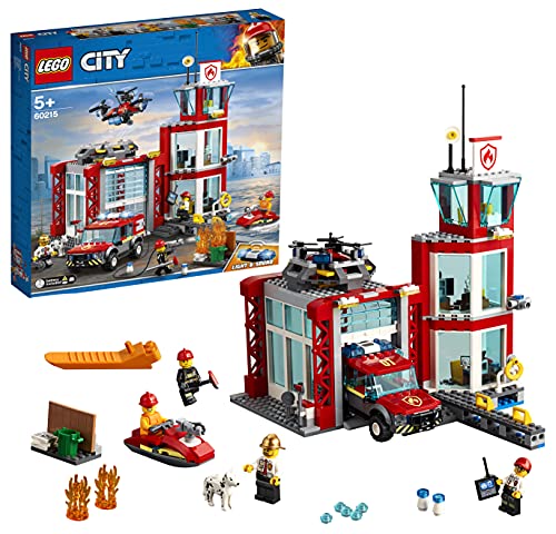 LEGO 60215 City Parque de Bomberos, Camión de Bomberos de Juguete para Niños 5 Años con 3 Mini Figuras, Moto Acuática y Bloque de Luz y Sonido