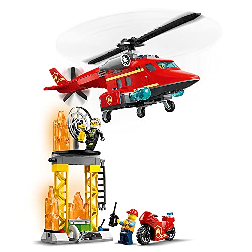 LEGO 60281 City Fire Helicóptero de Rescate de Bomberos, Juguete con Moto, Minifiguras de Bombero y Piloto